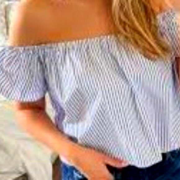 ZARA BASIC COLLECTION Nautical Blue White Stripes Over Shoulder Crop Top Large - Picture 2 of 15